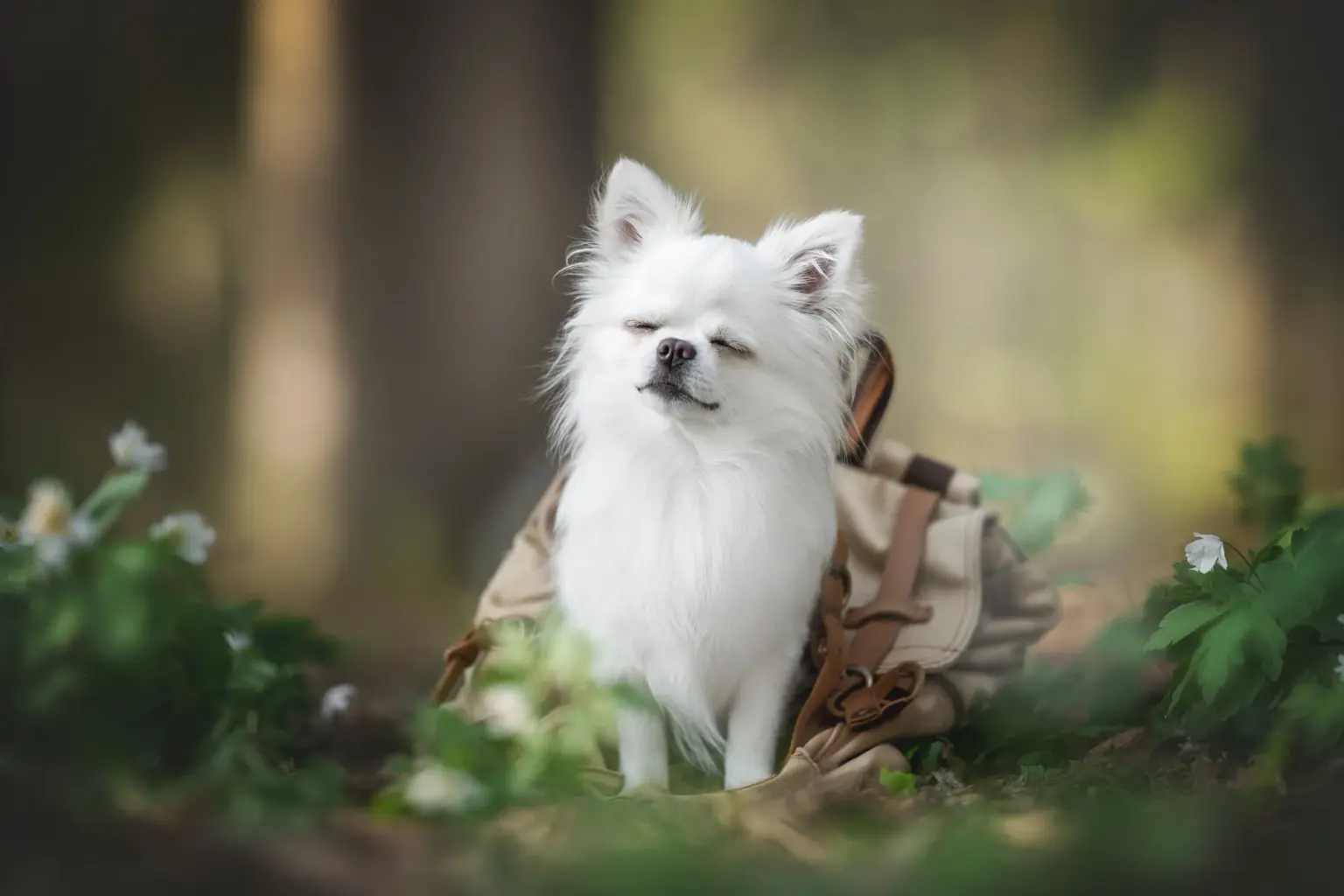A fluffy white Pomeranian sitting on a forest floor beside a canvas backpack, surrounded by wood anemone in soft springtime light