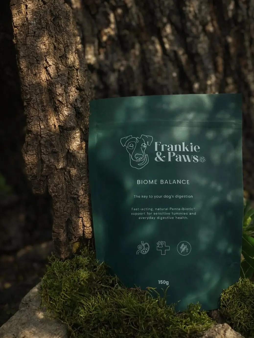 Biome Balance pouch resting on moss against a dappled tree trunk — a product lifestyle still