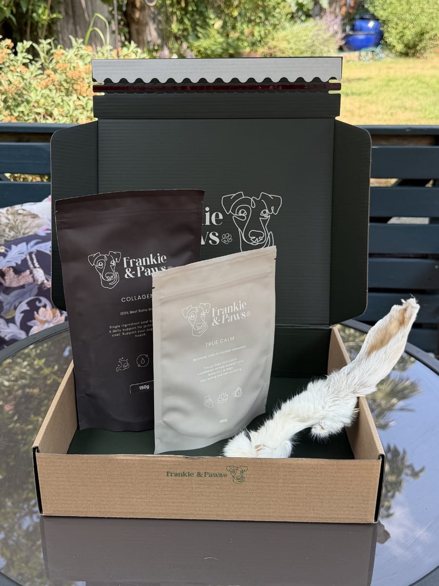 The Calm Companion Collection gift box with Collagen, True Calm and a natural rabbit-ear treat